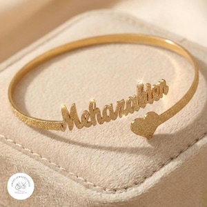 Personalized Name Bangle Bracelet for Women – Custom Gold Name Bracelet with Heart or Crown – Birthday Gift for Her, Mom, Wife