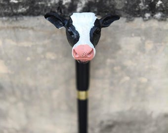 Bastón de madera tallado a mano, hermoso bastón de madera con forma de vaca.