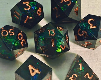 Black Green Lightning DND D20 Dice, Resin Sharp Edge Dice Set, D&D Dice Set for Dungeons and Dragons, Blue Polyhedral Dice Set