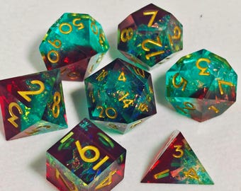 Red Green Lightning DND D20 Dice, Resin Sharp Edge Dice Set, D&D Dice Set for Dungeons and Dragons, Blue Polyhedral Dice Set