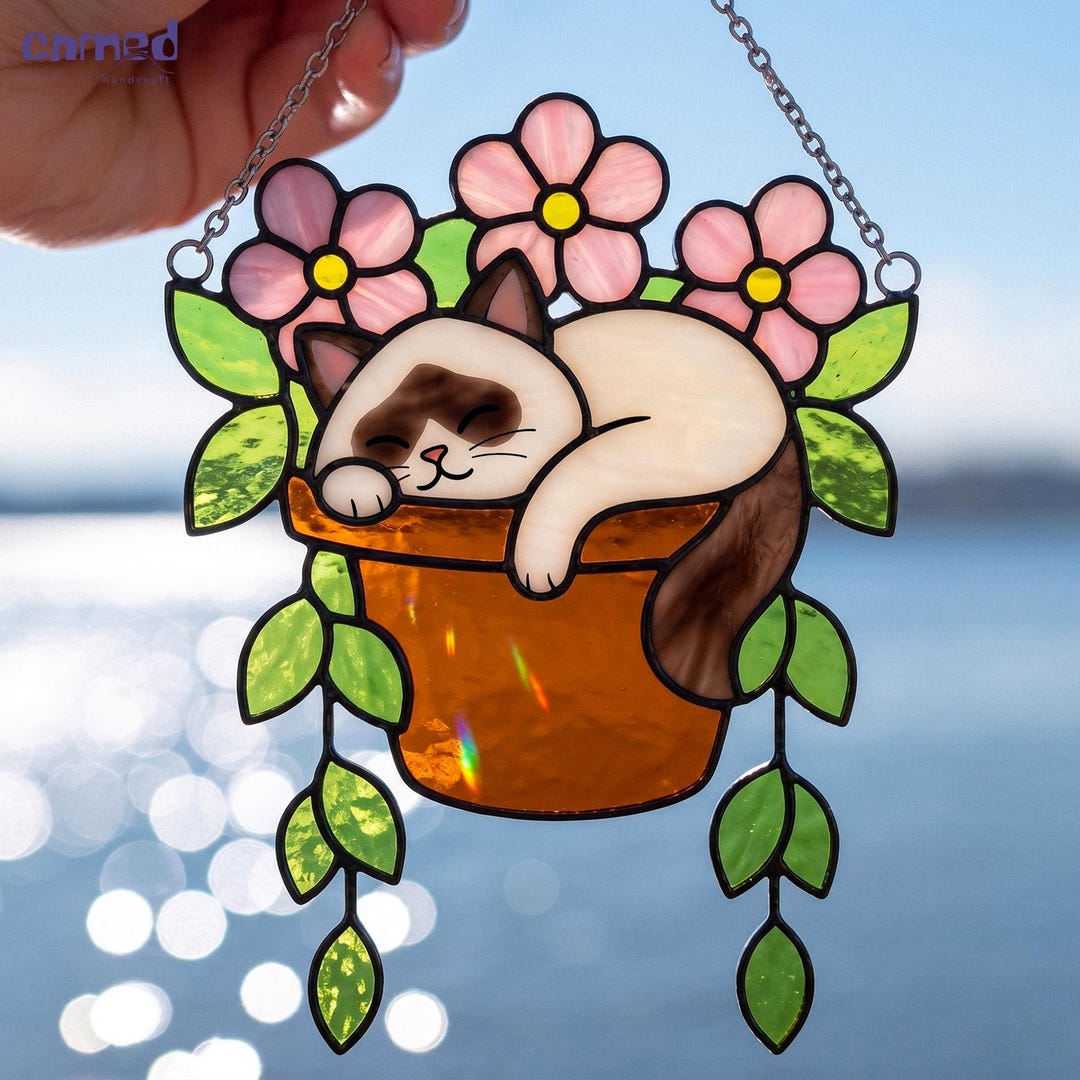 Sleeping Cat Stained Glass Suncatcher, Handmade Window Hanging, Cute ...