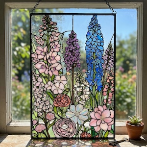 Panel de vidrieras con flores silvestres en flor, atrapasol rectangular para ventana de jardín, decoración botánica floral, regalo para el hogar de estilo cottagecore