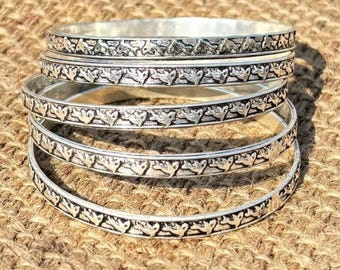 Set of 5 Silver Bangles • Stackable Bracelet Set • Gift for Her .