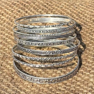 Silver Bangles Set of 9 • Classic Stackable Bracelets • Everyday Jewelry Gift .