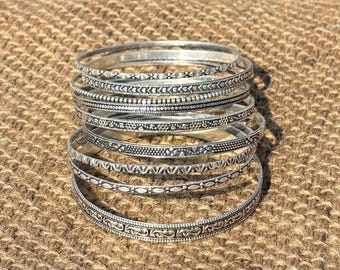Silver Bangles Set of 9 • Classic Stackable Bracelets • Everyday Jewelry Gift .