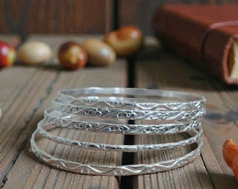 Stackable Silver Bangles Set of 5 | Artisan Style Minimalist Bracelets .
