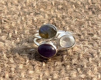 Sterling Silver Ring with Labradorite, Amethyst & Moonstone –  Gemstone Ring .