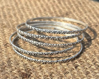 5 Set Silver Bangles Bracelet • Minimalist Stacking Bangles • Handmade  Jewelry .