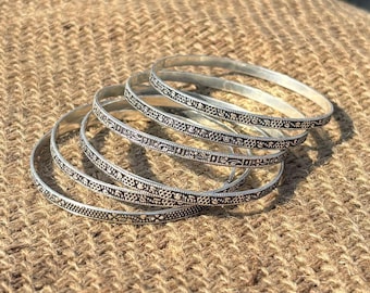 6 Piece Silver Bangle Set | Thin Stackable Band Bangles | Modern Minimal Jewelry .
