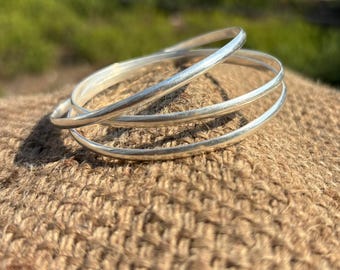 3 Sterling Silver Band Bangles,  Minimalist Bracelets, Handmade Silver Bracelet Set, Gift for Her.