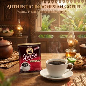May include: A white coffee cup and saucer with black coffee, alongside a packet of "Kapal Api Special Mix" coffee. The image includes the text "AUTHENTIC INDONESIAN COFFEE" and "WARM YOUR SOUL WITH EVERY SIP". The setting is a wooden table.