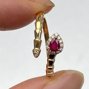 Serpent Viper 14k Gold Open Ring Snake With Ruby Stone, Yellow Gold Wedding Gift Ring, Full Eternity Bypass Ring, Valentines Day Gift