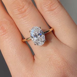 Oval Cut Moissanite Solitaire Engagement Ring, Hidden Halo Style Wedding Ring in 14k Gold, Art Deco Anniversary Gift Ring, Stacking Ring