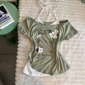 Haut effet superposé en deux pièces - Haut dos nu graphique d'inspiration vintage 2000 - Sept couleurs disponibles