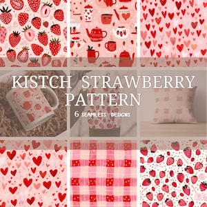 May include: Six seamless patterns in red and pink, featuring strawberries, hearts, and teacups. The designs include a mug, a cushion, and a tote bag. The text "KISTCH STRAWBERRY PATTERN" is displayed.