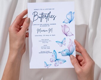 May include: A white invitation card with blue and purple watercolor butterflies. The card includes the text "HERE'S TO A LIFETIME OF Butterflies" and details for a bridal shower, including the name "Minerva M."