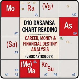 May include: A square chart with red and white blocks, featuring astrological symbols and text. The central text reads "D10 DASAMSA CHART READING" with the subtext "CAREER, MONEY & FINANCIAL DESTINY ANALYSIS (VEDIC ASTROLOGY)".