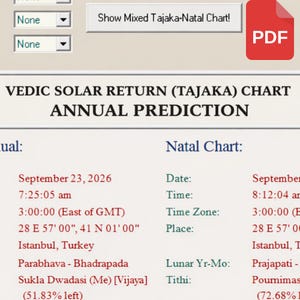 Puede incluir: Una pantalla digital que muestra una predicción anual del gráfico de retorno solar védico (Tajaka). La pantalla muestra fechas, horas y lugares, incluida Estambul, Turquía. Un icono PDF rojo está en la esquina superior derecha.