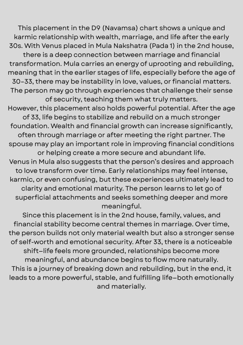 May include: Text on a white background discusses a unique karmic relationship with wealth, marriage, and life after the early 30s. It mentions Venus in Mula Nakshatra, financial transformation, and emotional maturity. The text is about astrology.