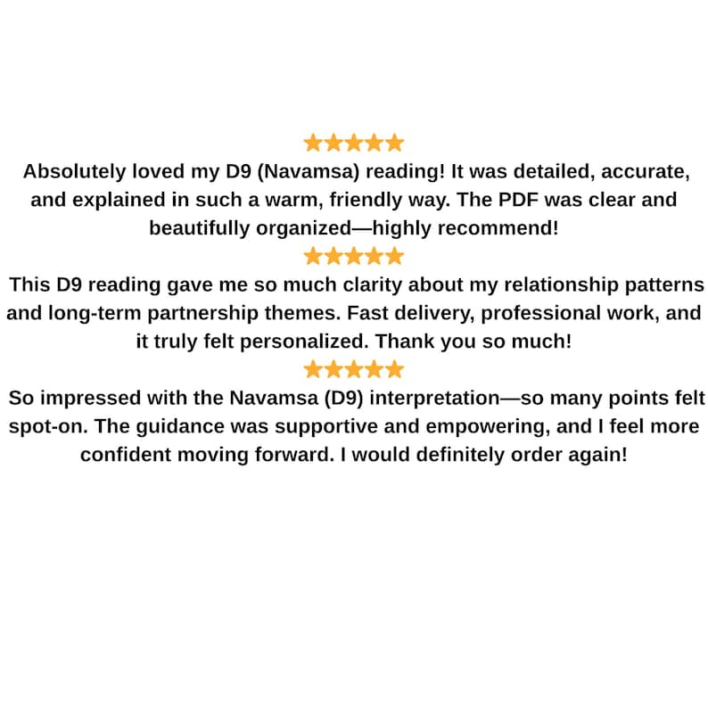 May include: Text-based image with customer reviews about a D9 (Navamsa) reading. The reviews praise the detail, accuracy, and clarity of the reading, highlighting its personalized and supportive nature. The text is in black font on a white background.