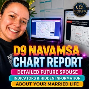May include: A woman smiles in front of a laptop and monitor displaying astrology charts. The image promotes a D9 Navamsa Chart Report, detailing future spouse indicators and hidden information about married life. The AstroGuide logo is visible.