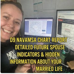 May include: A woman smiles in front of two computer screens displaying charts and text. The text on the screen reads "D9 NAVAMSA CHART REPORT DETAILED FUTURE SPOUSE INDICATORS & HIDDEN INFORMATION ABOUT YOUR MARRIED LIFE."