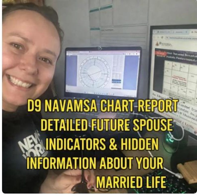 May include: A woman smiles in front of two computer screens displaying charts and text. The text on the screen reads "D9 NAVAMSA CHART REPORT DETAILED FUTURE SPOUSE INDICATORS & HIDDEN INFORMATION ABOUT YOUR MARRIED LIFE."
