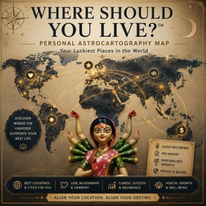 May include: A digital graphic titled WHERE SHOULD YOU LIVE? featuring a world map with glowing connection lines, icons, and a multi-armed figure in a pink and green garment. Text includes Personal Astrocartography Map and service details.