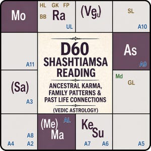 Könnte beinhalten: Eine quadratische Grafik mit einem Raster aus astrologischen Symbolen und Text. Der zentrale Text lautet "D60 SHASHTIAMSA READING" mit dem Untertitel "ANCESTRAL KARMA, FAMILY PATTERNS & PAST LIFE CONNECTIONS (VEDIC ASTROLOGY)".