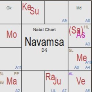 May include: A natal chart diagram labeled "Navamsa D-9" with astrological symbols and abbreviations. The chart is divided into squares with text including "Kesu", "Mo", "Ma", "Raju", "Me", and "Ve".
