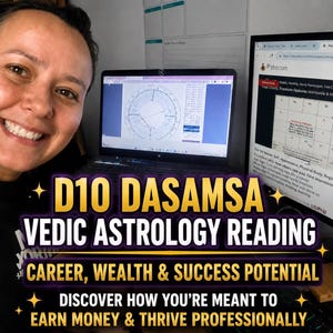May include: A woman smiles in front of a laptop and monitor displaying astrological charts. The image features text: "D10 DASAMSA VEDIC ASTROLOGY READING CAREER, WEALTH & SUCCESS POTENTIAL DISCOVER HOW YOU'RE MEANT TO EARN MONEY & THRIVE PROFESSIONALLY."