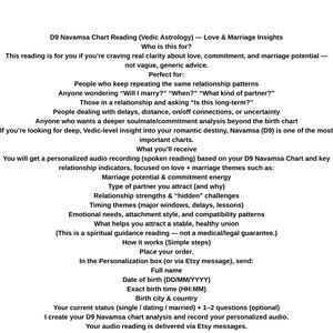 May include: A white document with black text detailing a D9 Navamsa Chart Reading (Vedic Astrology) for love and marriage insights. The text lists what the reading covers, who it's for, and what the customer will receive, including a personalized audio recording.