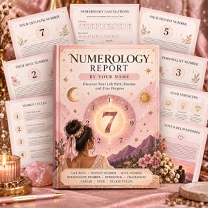 May include: A Numerology Report book with a pink cover featuring a large number 7, a crescent moon, a sun, and a person with a hair ribbon. The book is surrounded by several informational cards detailing life path, destiny, and soul numbers.