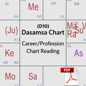 以下が含まれることがあります： 「Dasamsa Chart Career/Profession Chart Reading」と題されたデジタルチャートリーディング。占星術のシンボルとテキストが表示されています。右下隅にはPDFアイコンがあります。チャートはグリッドのような構造をしています。