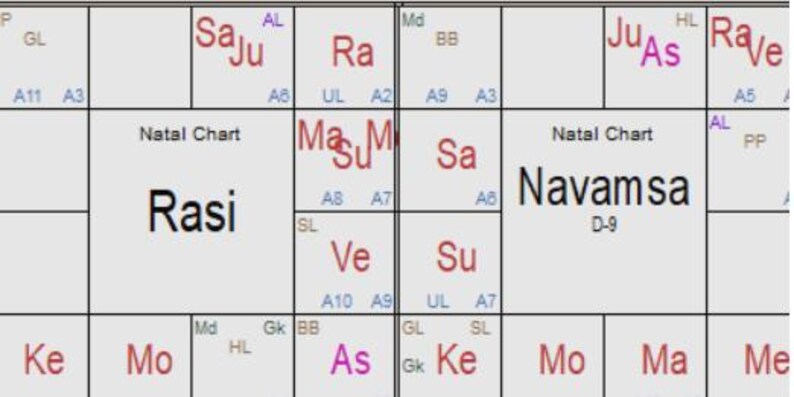 May include: A detailed astrological chart with the words "Rasi" and "Navamsa" prominently displayed. The chart is divided into multiple sections, each containing astrological symbols and numbers, with text in red and purple.
