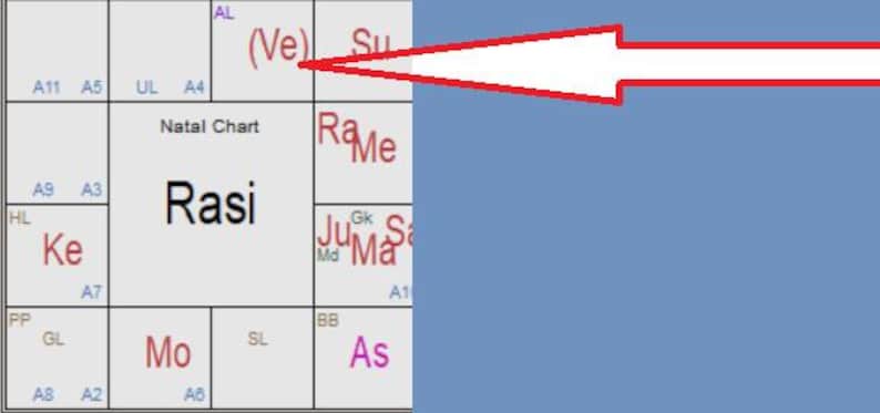 May include: A natal chart diagram with the word "Rasi" in a central box. Other boxes contain astrological symbols and abbreviations. The word "(Ve)" is visible in the upper left corner. A blue background is on the right.