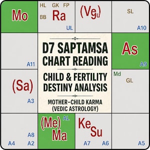 May include: A chart with astrological symbols and text. The central text reads "D7 SAPTAMSA CHART READING CHILD & FERTILITY DESTINY ANALYSIS". Additional text includes "MOTHER-CHILD KARMA (VEDIC ASTROLOGY)". The chart has a green and white color scheme.