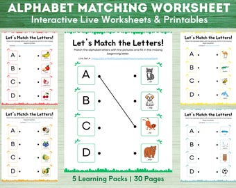 Alphabet passende Arbeitsblätter | Alphabet-Erkennung | Anfangs Klänge | für Kindergarten und Vorschule | Druckbares & Digitales Arbeitsblatt