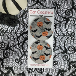 Gothic Grey Car Coasters with Bats, Pumpkins & Spiderwebs | Set of 2 | Halloween Car Coaster | Halloween Lover | Halloween Car Decor