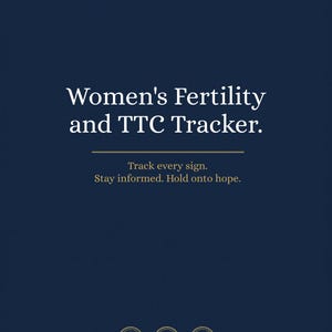 Può includere: Una stampa digitale blu navy intitolata "Women's Fertility and TTC Tracker" con il testo "Track every sign. Stay informed. Hold onto hope." L'immagine include anche il testo "PAPERMIND STUDIO."