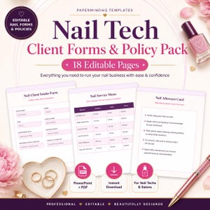 Op de afbeelding: Een digitaal sjabloonpakket genaamd Nail Tech Client Forms & Policy Pack met 18 bewerkbare pagina's, waaronder een intakeformulier, een dienstenmenu en een nazorgkaart, getoond met een roze nagellakflesje en een pen.