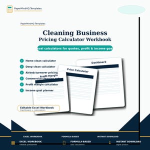 Può includere: Una cartella di lavoro digitale per il calcolo dei prezzi per imprese di pulizia con modelli Excel. Il documento include una dashboard, un calcolatore di prezzi ed elenchi per la pulizia domestica, profonda e commerciale.