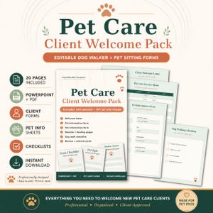 Könnte beinhalten: Ein Pet Care Client Welcome Pack mit 20 bearbeitbaren Seiten für Hundebetreuer und Tiersitter. Das Set enthält ein Begrüßungsschreiben, Formulare für Tier- und Tierarztinformationen, Routine- und Fütterungspläne, eine Checkliste für Spaziergänge sowie Empfehlungskarten in einem professionellen Design mit grünen und orangefarbenen Akzenten.