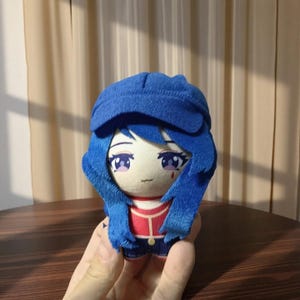 May include: A plush doll with blue hair and a matching hat. The doll has a red and white top, blue shorts, and large eyes. A small tear is visible on the doll's cheek. The doll is held in a hand.