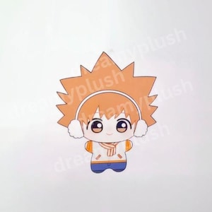 May include: A cartoon plush toy featuring a character with spiky orange hair, a white hoodie, blue trousers, and a striped scarf. The character has large eyes and earmuffs. The plushie is set against a white background.