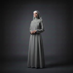 Puede incluir: Toma de estudio de cuerpo entero de una persona con un hábito religioso gris. El hábito incluye un vestido de manga larga, una capucha y un tocado blanco. La persona está de pie con las manos juntas frente a un fondo gris oscuro.