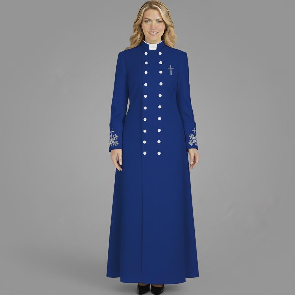 chinese dress ladies Plus Size Women's Clergy Dress with Puff Sleeves and Classic Collar Black/White / 26W