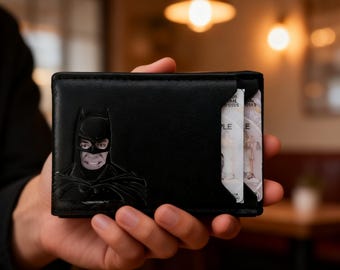 Batman Leather Wallet for Men, Leather Card Case, ID Card Holder, Personalized Wallet for Men, Superhero Bat Wallet, Minimalist Wallet