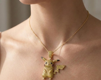 Iced Out Pikachu Pendant, 14k Gold, CZ Sterling Silver Necklace