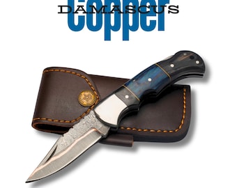 Hand Forged Copper Damascus Pocket Knife – Folding Knife with Leather Sheath – Custom Engraved Knife – Gift for Men, Groomsmen, EDC Knife